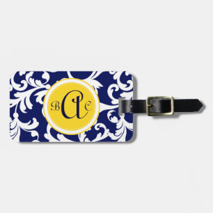 Navy Blue and Yellow Monogrammed Damask Print Luggage Tag
