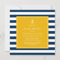 Navy Blue and Yellow Nautical Stripes Baby Shower Invitation