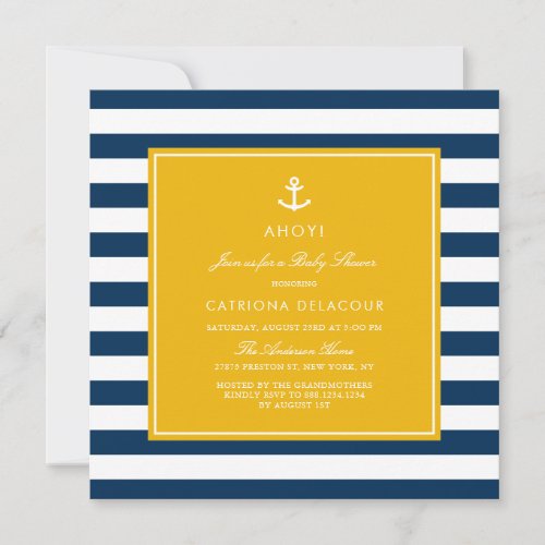 Navy Blue and Yellow Nautical Stripes Baby Shower Invitation