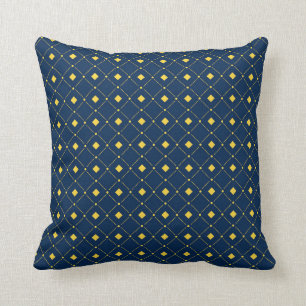 Navy Blue and Yellow retro Squares, Diamonds Throw Pillow