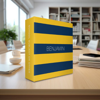 Navy Blue And Yellow Rugby Stripes Custom Name Binder by MarshBaby at Zazzle
