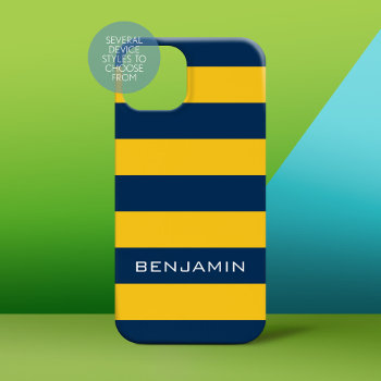 Navy Blue And Yellow Rugby Stripes Custom Name Case-mate Iphone 14 Case by MarshBaby at Zazzle