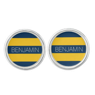 Navy Blue and Yellow Rugby Stripes Custom Name Cufflinks