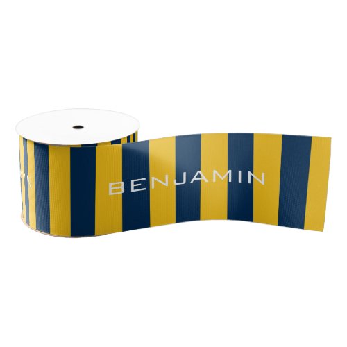 Navy Blue and Yellow Rugby Stripes Custom Name Grosgrain Ribbon