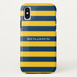Navy Blue and Yellow Rugby Stripes Custom Name iPhone X Case