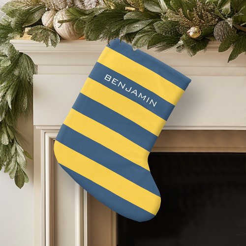 Navy Blue and Yellow Rugby Stripes Custom Name Large Christmas Stocking