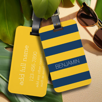 Navy Blue And Yellow Rugby Stripes Custom Name Luggage Tag by MarshBaby at Zazzle