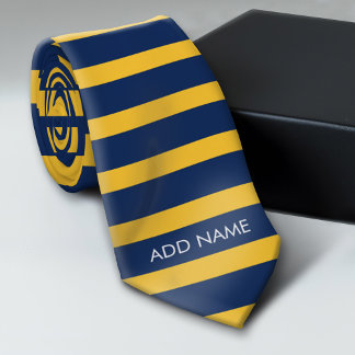Navy Blue and Yellow Rugby Stripes Custom Name Neck Tie