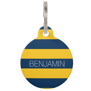 Navy Blue and Yellow Rugby Stripes Custom Name Pet ID Tag