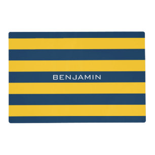 Navy Blue and Yellow Rugby Stripes Custom Name Placemat