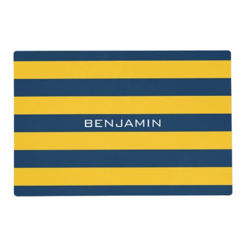 Navy Blue and Yellow Rugby Stripes Custom Name Placemat
