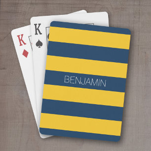 Navy Blue and Yellow Rugby Stripes Custom Name Poker Cards