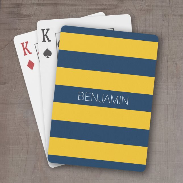 Navy Blue and Yellow Rugby Stripes Custom Name Poker Cards (Personalized playing cards - sporty, preppy stripe pattern with name. Great gift for the guys!)