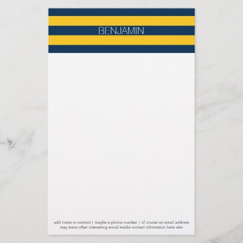 Navy Blue and Yellow Rugby Stripes Custom Name Stationery