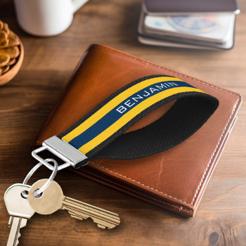 Navy Blue And Yellow Rugby Stripes Custom Name Wrist Keychain by MarshBaby at Zazzle