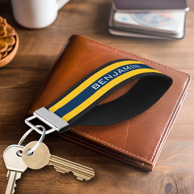 Navy Blue and Yellow Rugby Stripes Custom Name Wrist Keychain (Personalized keychain - Add name or monogram)