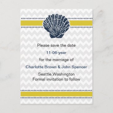 Navy Blue and Yellow Seashell Wedding Stationery Announcement Postcard
