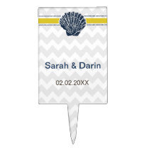 Navy Blue and Yellow Seashell Wedding Stationery Cake Topper