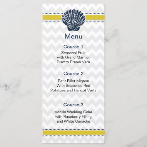 Navy Blue and Yellow Seashell Wedding Stationery Menu