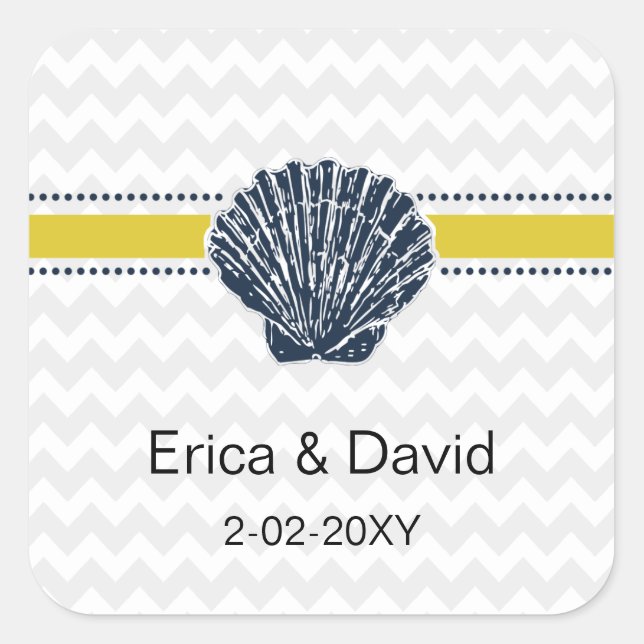 Navy Blue and Yellow Seashell Wedding Stationery Square Sticker (Front)