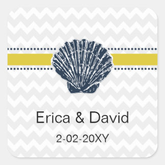 Navy Blue and Yellow Seashell Wedding Stationery Square Sticker