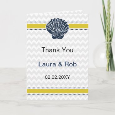 Navy Blue and Yellow Seashell Wedding Stationery Thank You Card