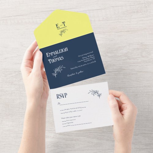 Navy Blue and Yellow Simple Modern Wedding All In One Invitation