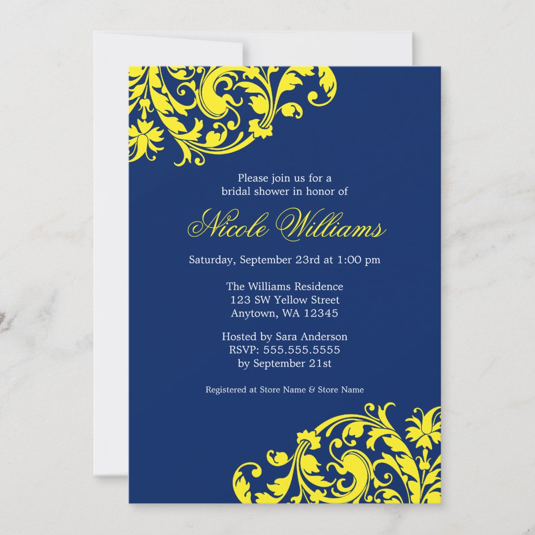 Navy Blue and Yellow Swirl Flourish Bridal Shower Invitation | Zazzle