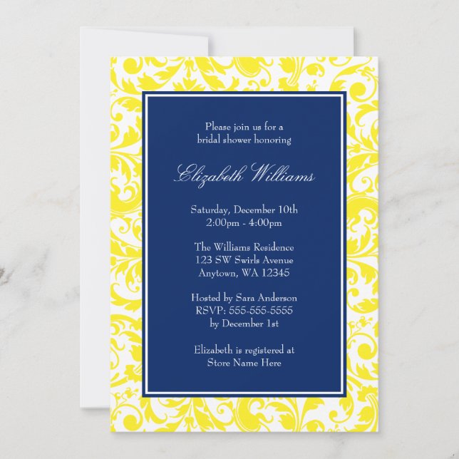 Navy Blue and Yellow Swirls Damask Bridal Shower Invitation (Front)