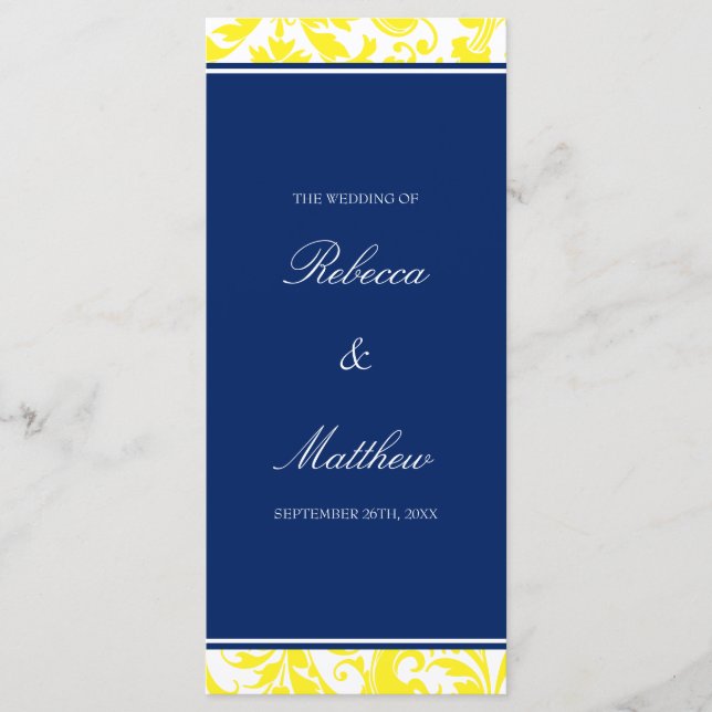 Navy Blue and Yellow Swirls Damask Wedding Program (Front)