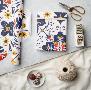 Navy Blue and Yellow Traditional Folk Medallion Wrapping Paper
