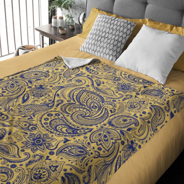 Navy Blue And Yellow Vintage Floral Paisley Fleece Blanket (Creator Uploaded)