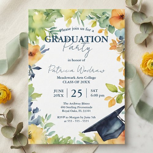 Navy Blue And Yellow Watercolor Floral Graduation 