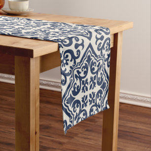 Navy Blue Andalusian Scrollwork Tile Short Table Runner