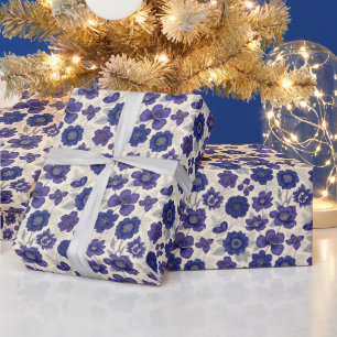 Navy Blue Anemone Seamless Floral Wrapping Paper