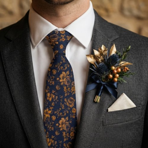 Navy Blue & Antique Gold Floral Wedding Neck Tie