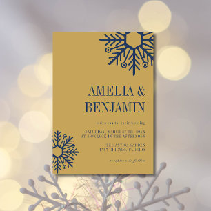 Navy Blue & Antique Gold Simple Snowflake Wedding Invitation