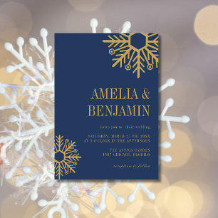 Navy Blue & Antique Gold Simple Snowflake Wedding Invitation