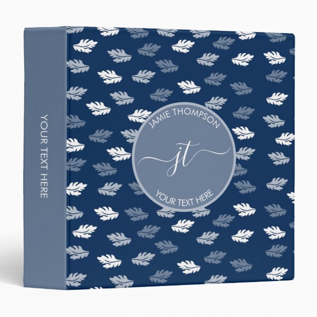 Navy Blue Antique Leaves Pattern Monogram 3 Ring Binder (Front/Spine)