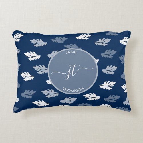 Navy Blue Antique Leaves Pattern Monogram Accent Pillow