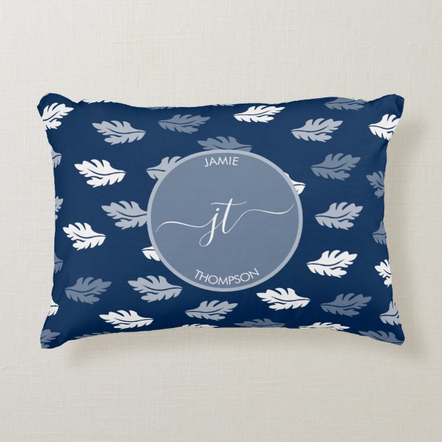 Navy Blue Antique Leaves Pattern Monogram Accent Pillow (Front)