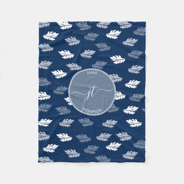 Navy Blue Antique Leaves Pattern Monogram  Fleece Blanket (Front)