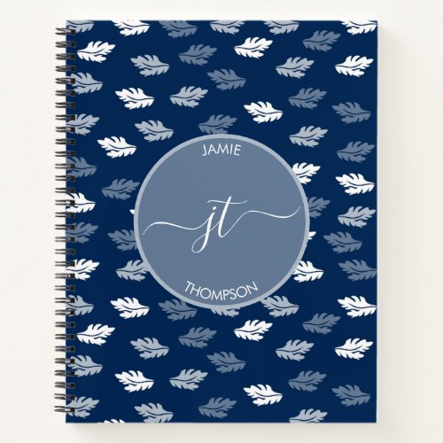 Navy Blue Antique Leaves Pattern Monogram  Notebook