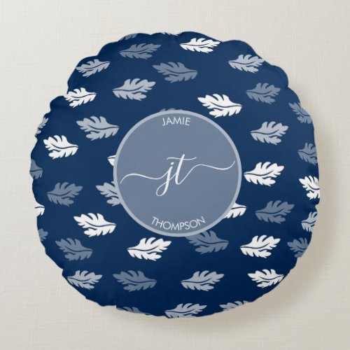 Navy Blue Antique Leaves Pattern Monogram Round Pillow