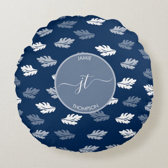 Navy Blue Antique Leaves Pattern Monogram Round Pillow (Front)