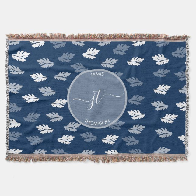 Navy Blue Antique Leaves Pattern Monogram Throw Blanket (Front)