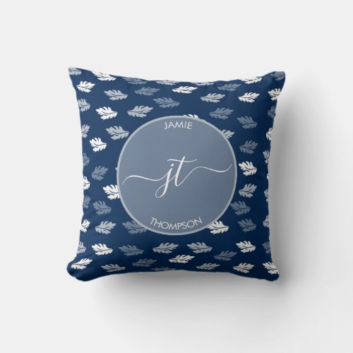 Navy Blue Antique Leaves Pattern Monogram Throw Pillow
