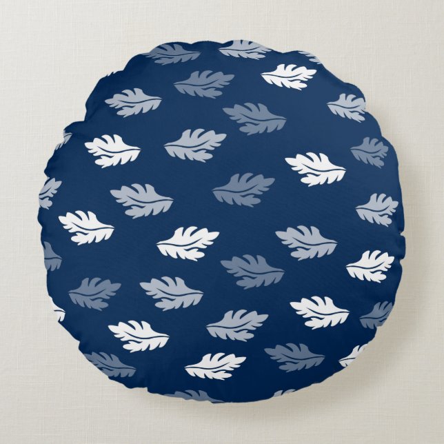 Navy Blue Antique Leaves Pattern Round Pillow (Front)