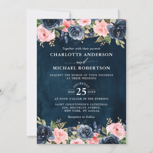 Navy Blue antique Pink Rose Boho Wedding Invitation