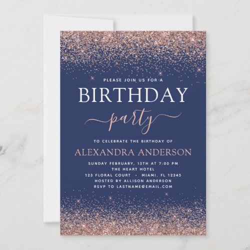 Navy Blue Any Age Birthday Rose Gold Pink Glitter Invitation